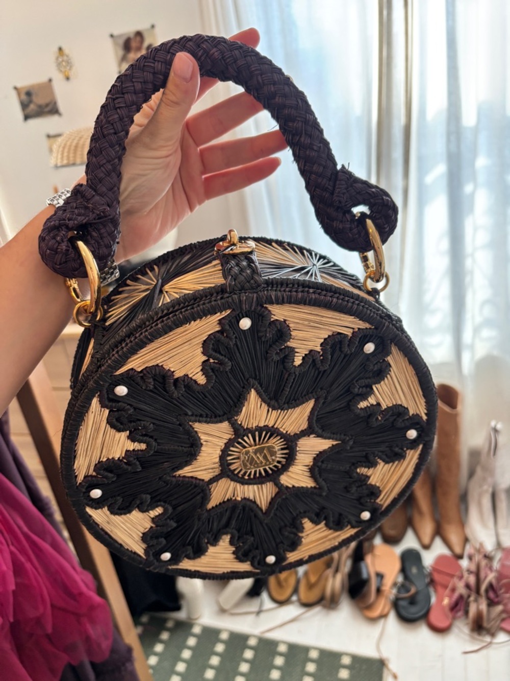 Woven Round Straw Top-Handle Bag - Black & Natural - Picture 4 of 7